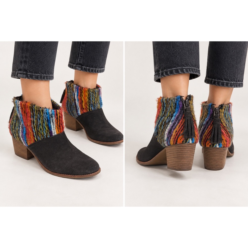 Toms Womens Multi Color Woven Knit Suede Tassel Ankle Boots Brown Size 9
